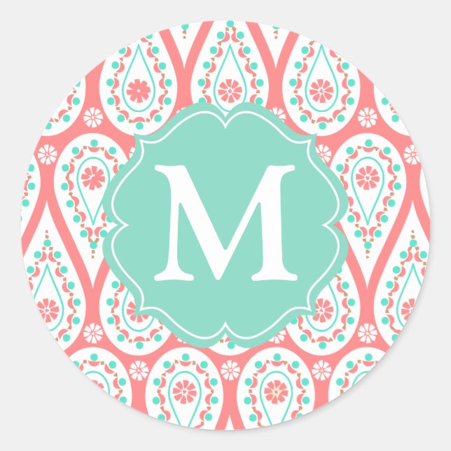 Modern Elegant Damask Coral Paisley Personalised Classic Round Sticker (Front)