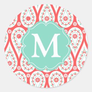 Modern Elegant Damask Coral Paisley Personalised Classic Round Sticker