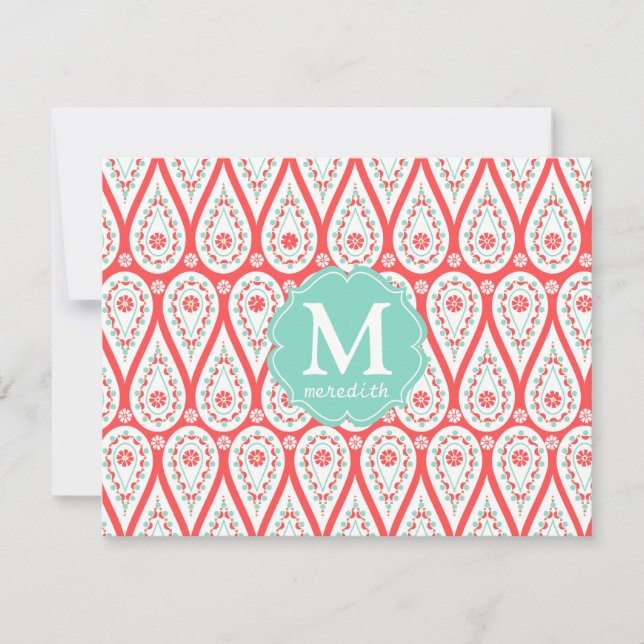 Modern Elegant Damask Coral Paisley Personalised Invitation (Front)