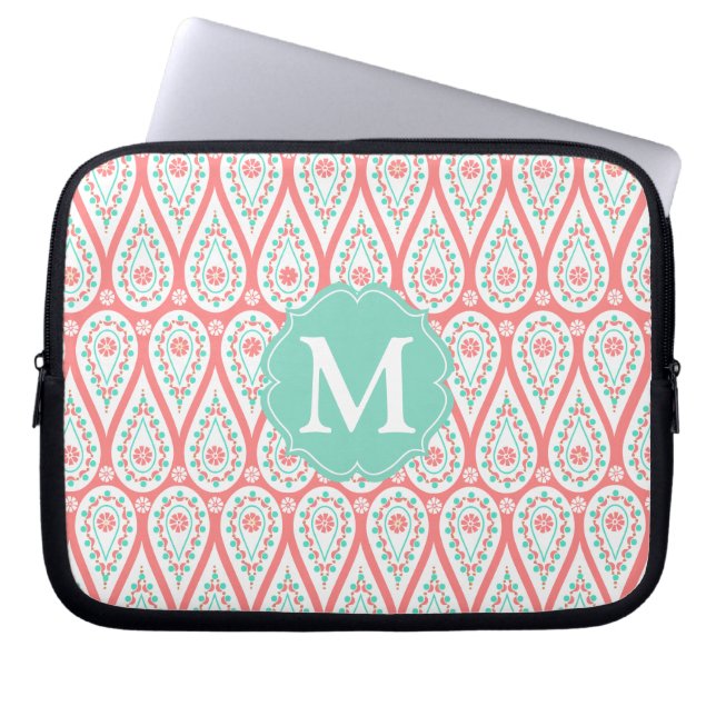 Modern Elegant Damask Coral Paisley Personalised Laptop Sleeve (Front)