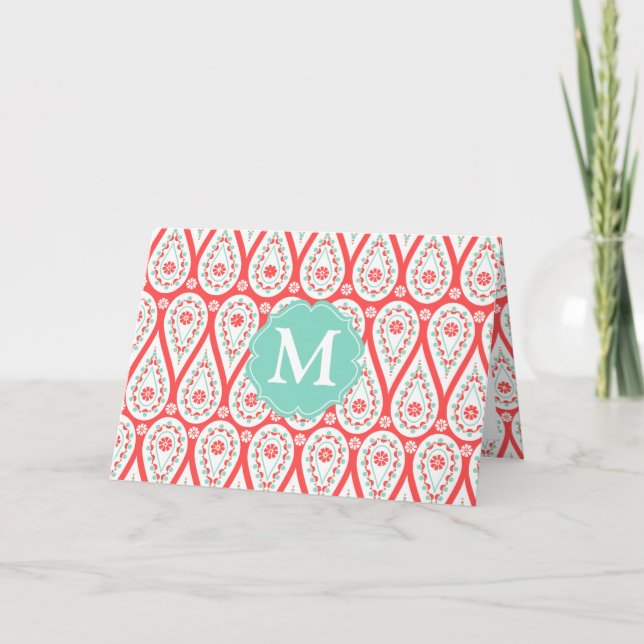 Modern Elegant Damask Coral Paisley Personalised Note Card (Front)