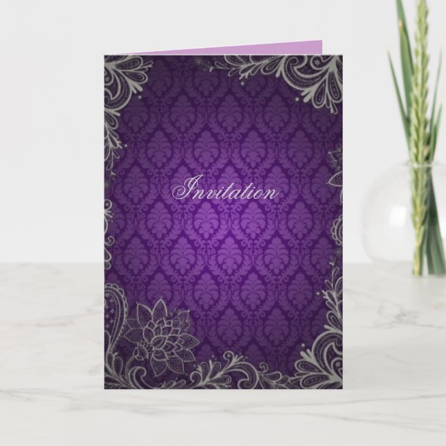 modern elegant damask purple wedding invitation (Front)