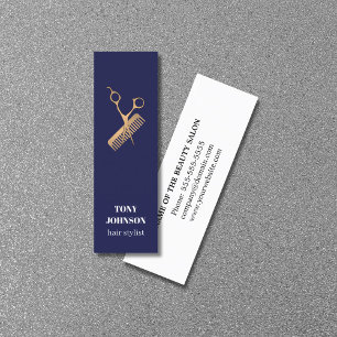 Modern Elegant Dark Blue Faux Gold Scissors Comb Mini Business Card