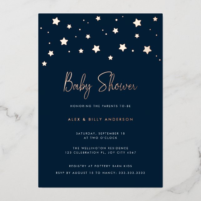 Modern Elegant Dark Blue Stars Parents Baby Shower (Front)