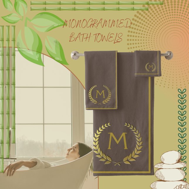 Modern Elegant Dark Brown and Gold Chic Monogramed Bath Towel Set (Creator Uploaded)