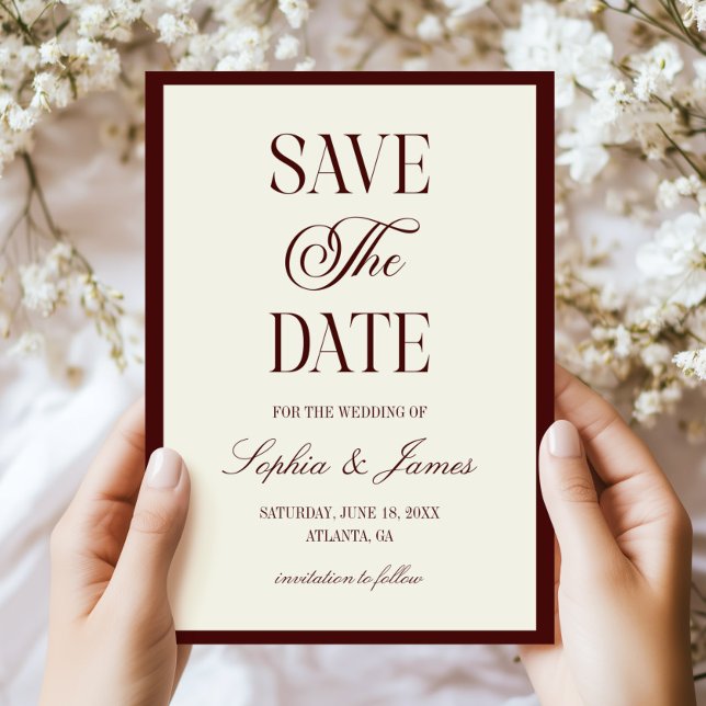 Modern Elegant Dark Burgundy Ivory Wedding Save The Date (Creator Uploaded)
