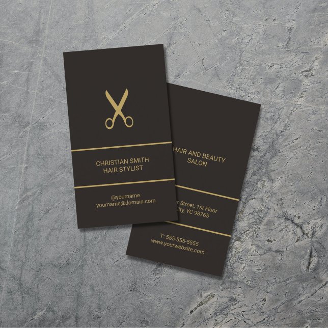 Modern Elegant Dark Faux Gold Hair Stylist Business Card (Creator Uploaded)