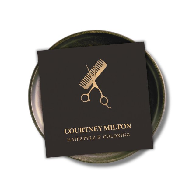 Modern Elegant Dark Faux Gold Scissors Comb Square Business Card (Creator Uploaded)