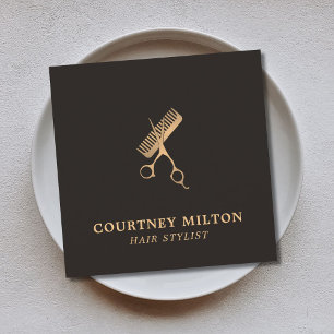 Modern Elegant Dark Faux Gold Scissors Comb Square Business Card