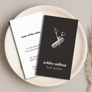 Modern Elegant Dark Faux Silver Scissors Comb Business Card