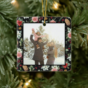 Modern Elegant Dark Floral Christmas 2 Photo Ceramic Ornament