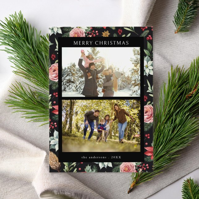 Modern Elegant Dark Floral Merry Christmas 2 Photo Holiday Card (Creator Uploaded)