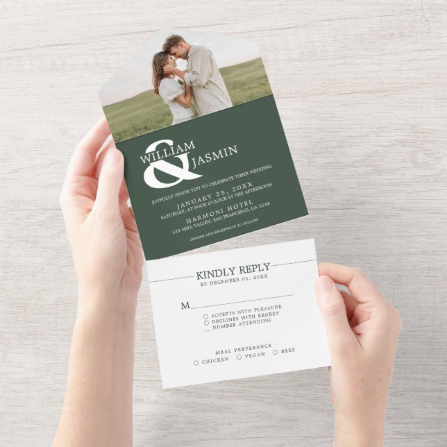 Modern Elegant Dark Green and White Photo Wedding All In One Invitation (Tearaway)
