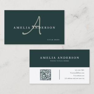 Modern Elegant Dark Green Initial QR Code Business Card