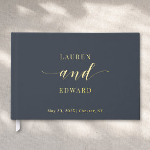 Modern Elegant Dark Navy and Gold Wedding Guest Book