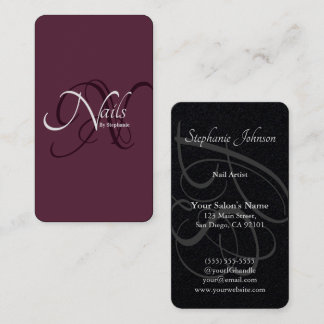 Modern Elegant Deep Plum Monogram Nail Artist Business Card
