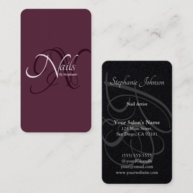 Modern Elegant Deep Plum Monogram Nail Artist Business Card (Front/Back)