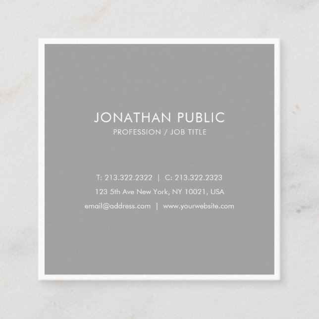 Modern Elegant Design Grey White Plain Trendy Square Business Card (Front)