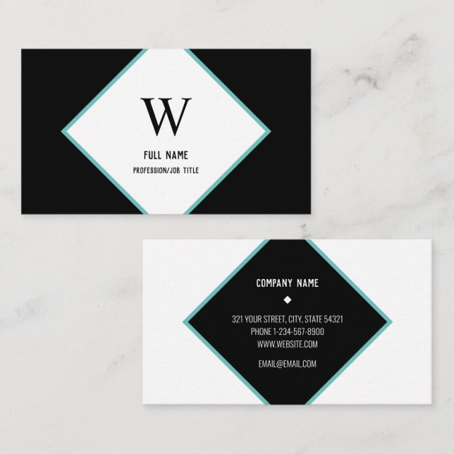 Modern Elegant Diamond Professional Black Teal Business Card (Front/Back)