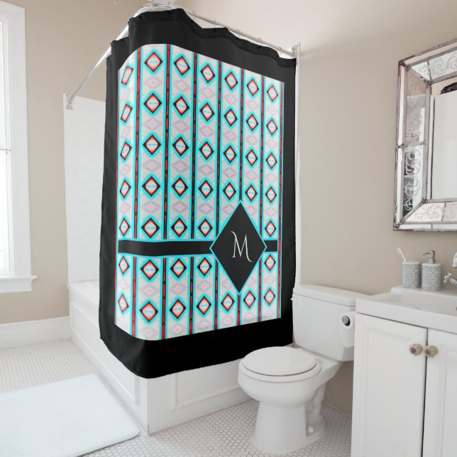 Modern Elegant Diamond Stripe Pattern Monogram Shower Curtain (In Situ)
