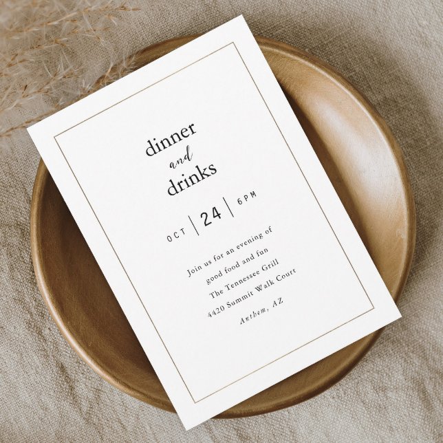 Modern Elegant Dinner and Drinks Business Invitation (Elegant black and white dinner party invitation with simple gold frame and minimal typography.)