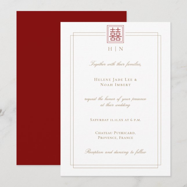 Modern Elegant Double Happiness Chinese Wedding Invitation (Front/Back)