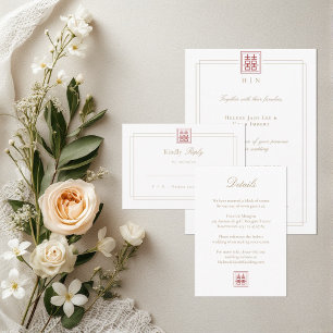 Modern Elegant Double Happiness Wedding Details  Invitation
