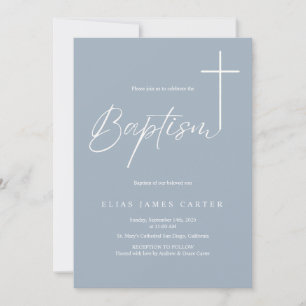 Modern Elegant Dusty Blue Baby Boy Baptism  Invitation