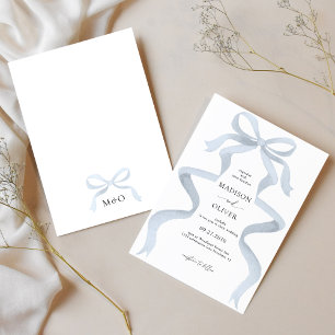 Modern Elegant Dusty Blue Bow Monogram Wedding Invitation
