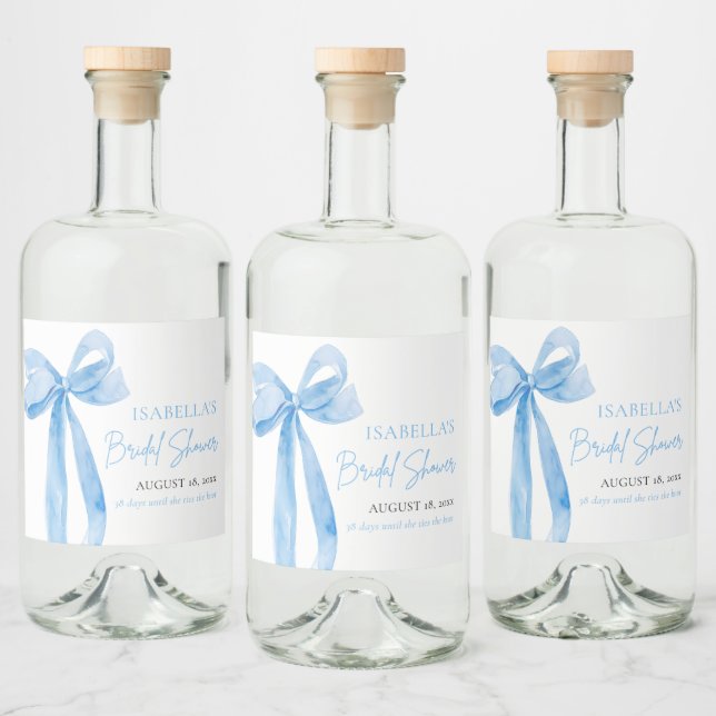 Modern Elegant Dusty Blue Bow Ribbon Bridal Shower Liquor Bottle Label (Bottles)