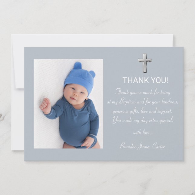 Modern Elegant Dusty Blue Cross Boy Baptism Thank You Card (Front)
