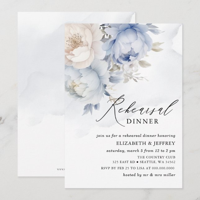 Modern Elegant Dusty Blue Floral Rehearsal Dinner  Invitation (Front/Back)
