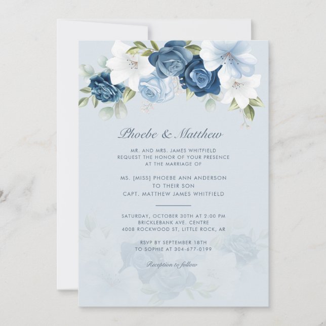 Modern Elegant Dusty Blue Floral Wedding Invitation (Front)