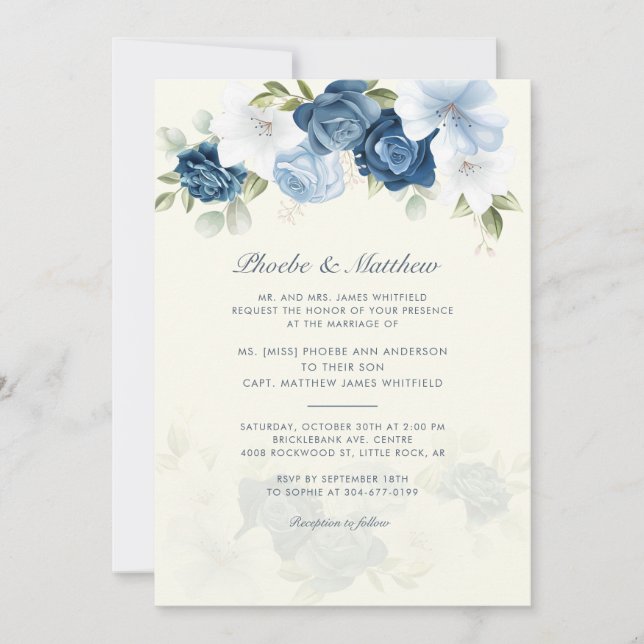 Modern Elegant Dusty Blue Floral Wedding Invitation (Front)