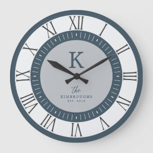 Modern Elegant Dusty Blue Grey Monogram Family Large Clock