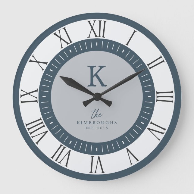 Modern Elegant Dusty Blue Grey Monogram Family Large Clock (Front)