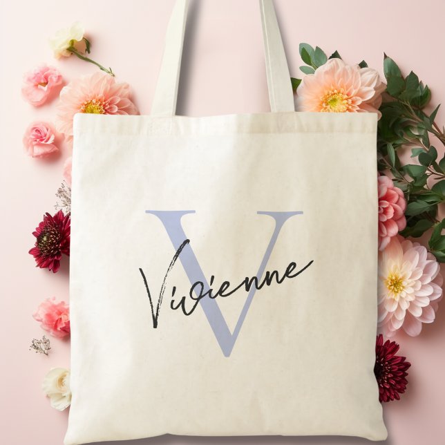Modern Elegant Dusty Blue Personalised Monogram Tote Bag (Modern Elegant Dusty Blue Personalized Monogram Tote Bag)