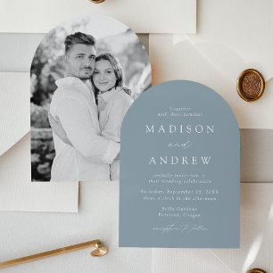 Modern Elegant Dusty Blue Photo Arch Wedding Invitation