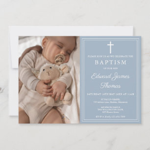 Modern Elegant Dusty Blue Photo Baptism Invitation