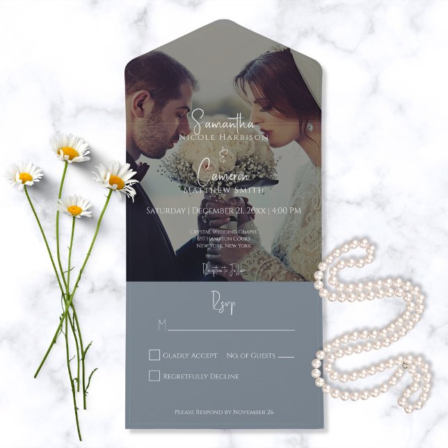 Modern Elegant Dusty Blue Photo No Dinner All In One Invitation (Creator Uploaded)