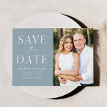 Modern Elegant Dusty Blue Photo Save The Date<br><div class="desc">Announce your wedding date with this stylish, modern photo save the date card. The design features "Save the Date" in white serif and script fonts with a dusty blue background. Personalise the minimalist save the date announcement by adding your names, date, wedding location, and photo. The card reverses to a...</div>