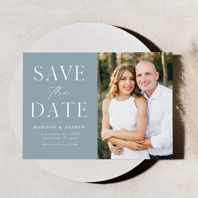 Modern Elegant Dusty Blue Photo Save The Date (Creator Uploaded)