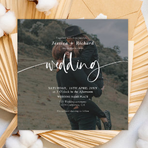 Modern elegant dusty blue photo wedding script invitation