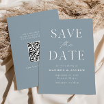 Modern Elegant Dusty Blue QR Code Save The Date<br><div class="desc">Announce your upcoming nuptials in style with our elegant, modern QR code save the date card. The non-photo save the date features "Save the Date" in white serif and script fonts with a dusty blue background. Personalise the front of the save the date card by adding your names, wedding date,...</div>