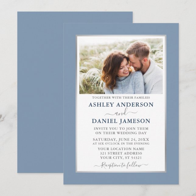 Modern Elegant Dusty Blue Silver Wedding Invitation (Front/Back)