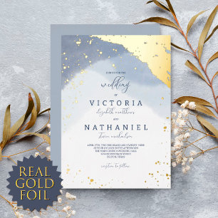 Modern Elegant Dusty Blue Watercolor Wedding Gold
