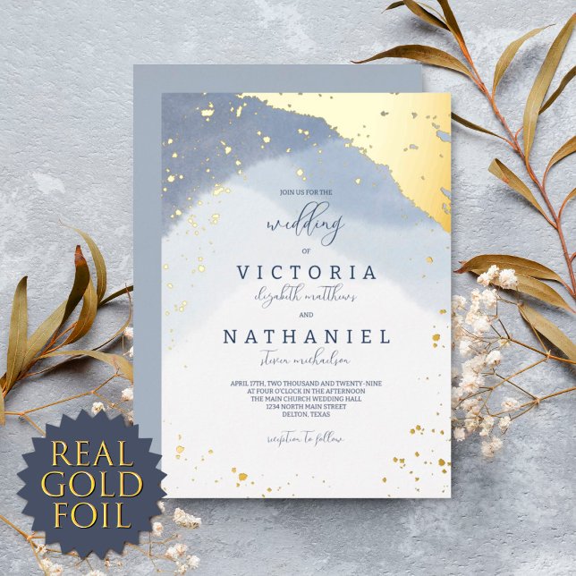 Modern Elegant Dusty Blue Watercolor Wedding Gold  (Creator Uploaded)