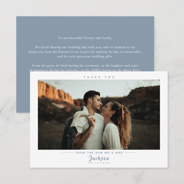 Modern Elegant Dusty Blue Wedding Photo  Thank You Card (Front/Back)