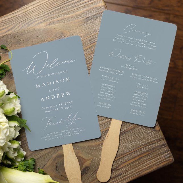 Modern Elegant Dusty Blue Wedding Program Hand Fan (Creator Uploaded)