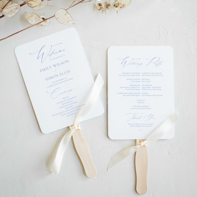  Modern Elegant Dusty Blue Wedding Program  Hand Fan (dusty blue wedding fan program, classy minimalist dusty blue wedding fan, elegant script wedding)